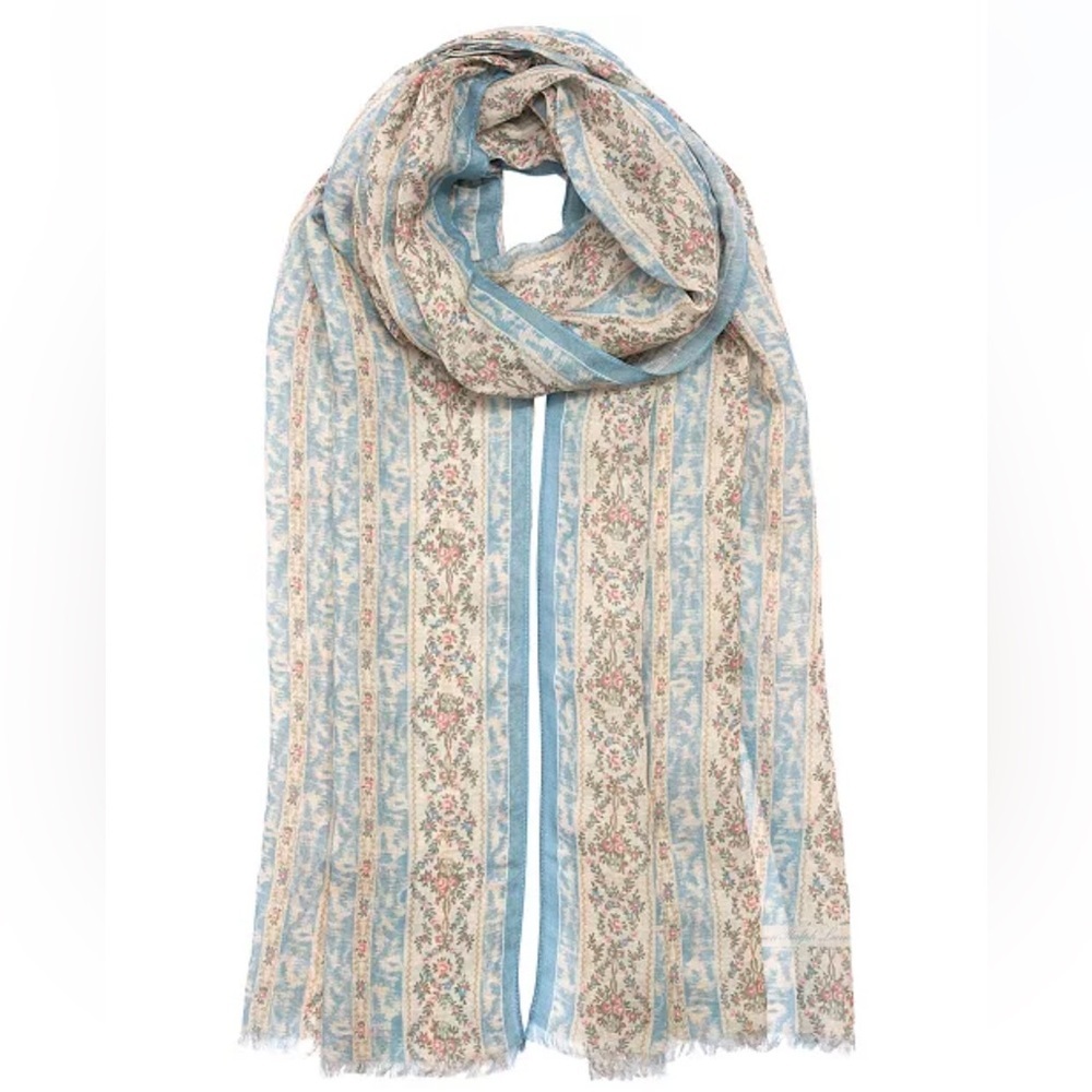 NWT Lauren Ralph Lauren Blue and Cream Floral Stripe Scarf